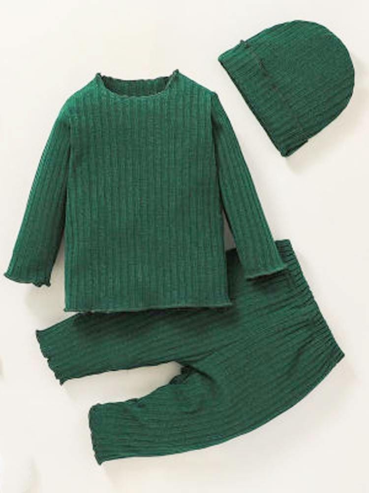 Dark Green Ribbed Top, Bottoms and Matching Hat - 3 Piece Baby Outfit - 9 to 24 Months - Stylemykid.com