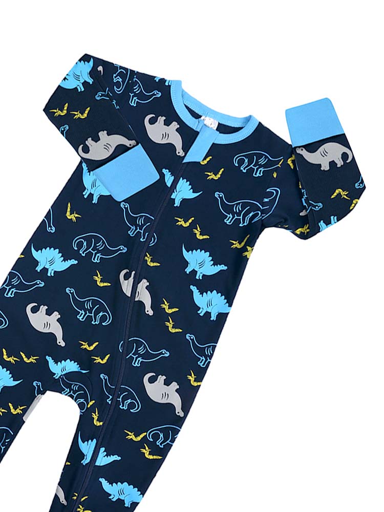 Dark Night Dinosaurs Baby Zip Sleepsuit with Hand & Feet Cuffs - Dark Blue - Stylemykid.com