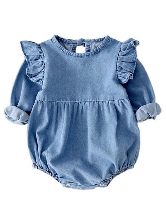 Soft Denim Blue Frill Long Sleeve Baby Romper - Stylemykid.com