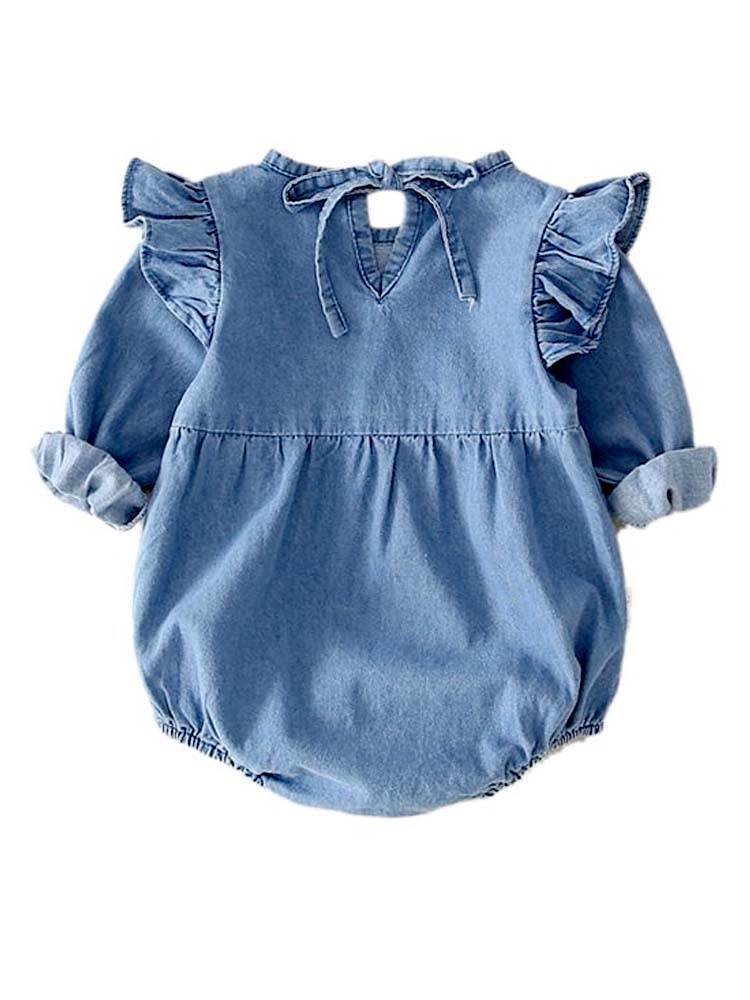 Soft Denim Blue Frill Long Sleeve Baby Romper - Stylemykid.com
