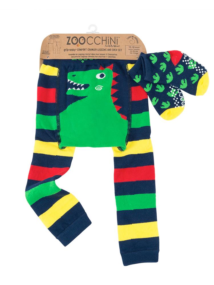 Zoocchini - Baby Leggings & Socks Set - Grip+Easy Comfort Crawlers - Devlin the Dinosaur - 12 to 18 Months - Stylemykid.com