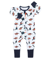 Dinosaur Drama - White Baby Zip Sleepsuit with Turnover Hand & Feet Cuffs - Stylemykid.com