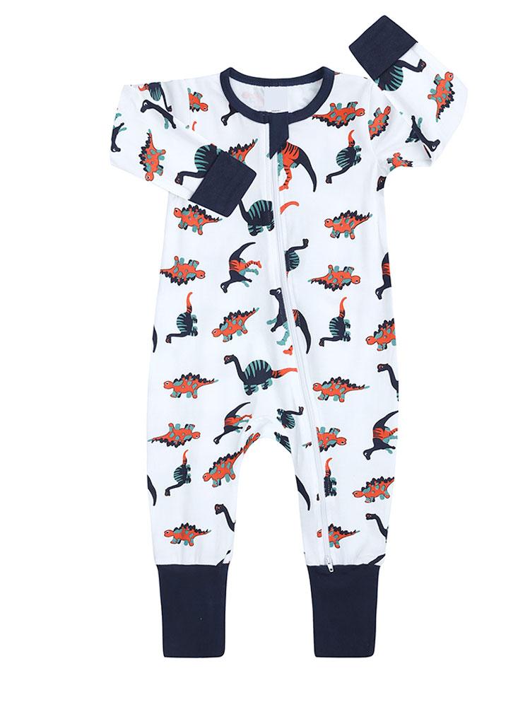 Dinosaur Drama - White Baby Zip Sleepsuit with Turnover Hand & Feet Cuffs - Stylemykid.com