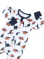 Dinosaur Drama - White Baby Zip Sleepsuit with Turnover Hand & Feet Cuffs - Stylemykid.com