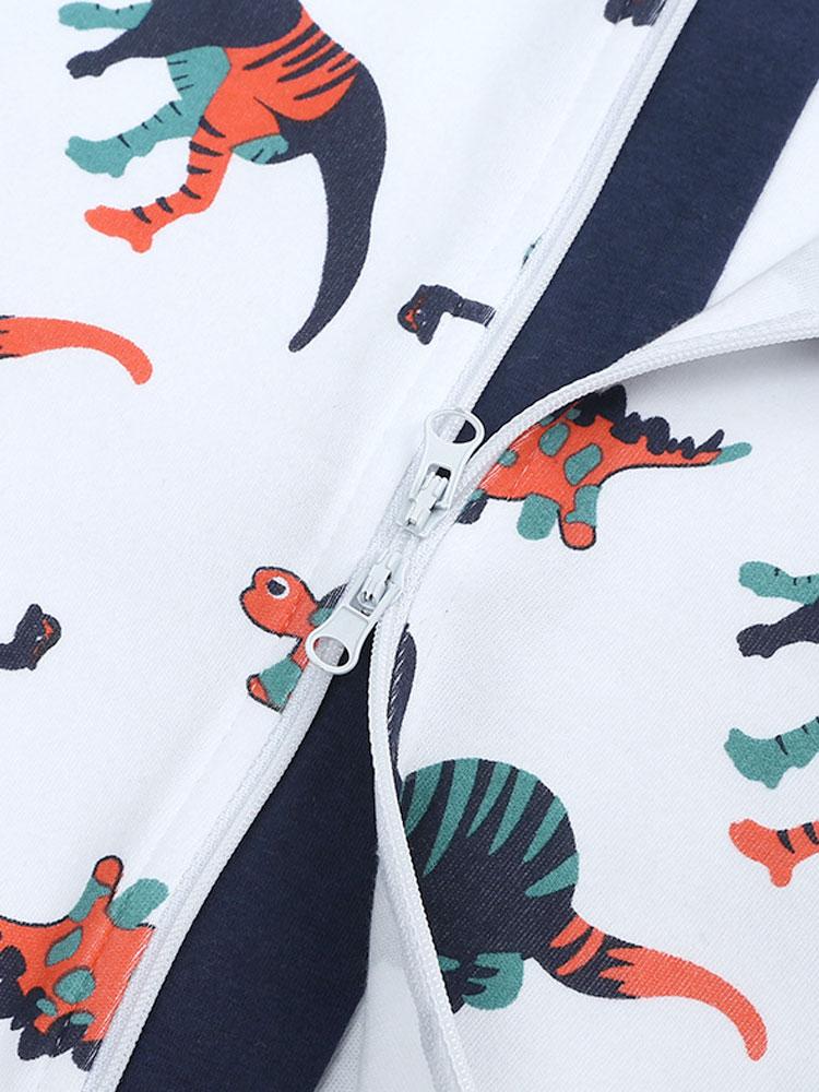 Dinosaur Drama - White Baby Zip Sleepsuit with Turnover Hand & Feet Cuffs - Stylemykid.com