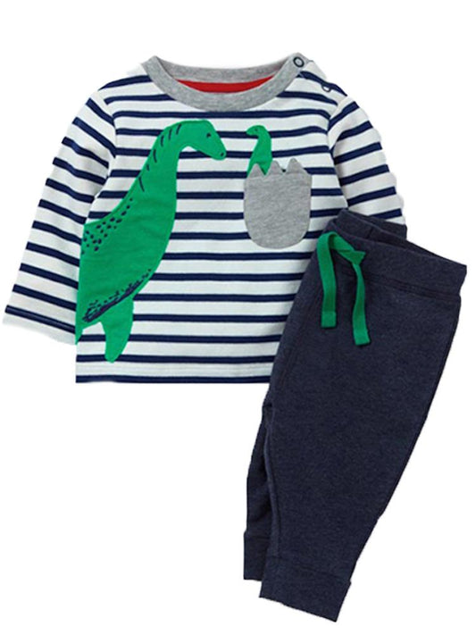 Dinosaur Hatch - Dinosaur Striped Top with Navy Joggers - 2 Piece Set 9 to 12 months - Stylemykid.com