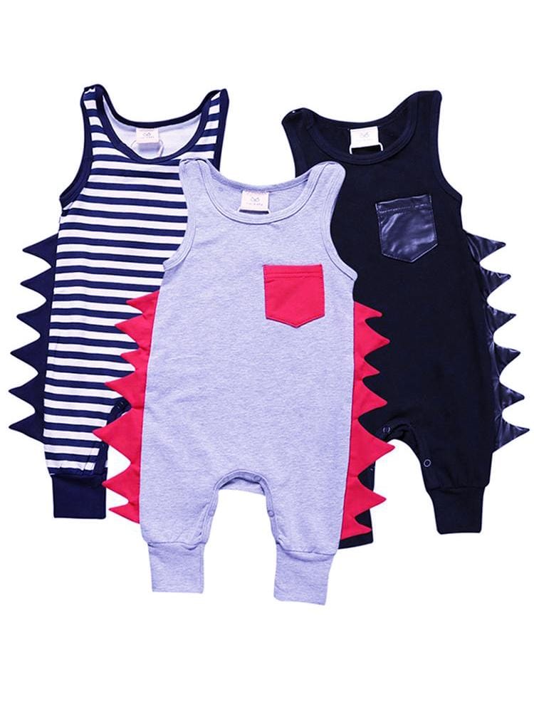 Navy and White Striped Dino Baby Romper with Soft Dino Spikes - Stylemykid.com