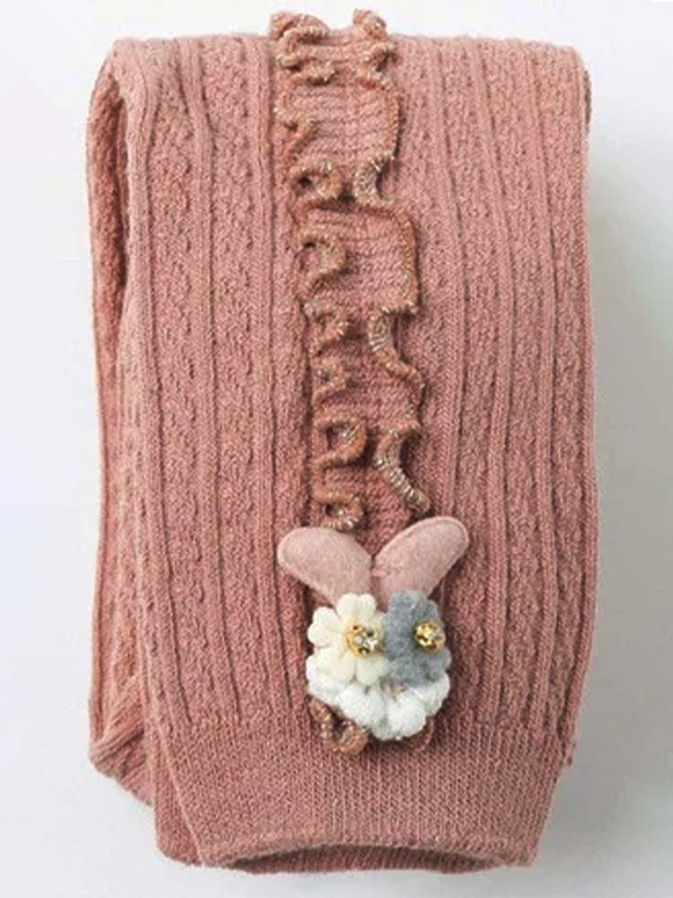 Dusky Dark Pink Flower Frills Bunny Footless Girls Tights/ Leggings - Stylemykid.com
