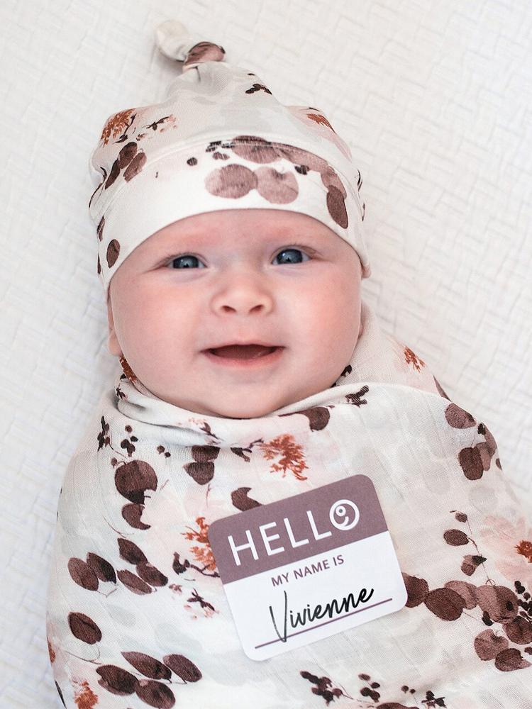 Hat And Swaddle Blanket Hello World Set For New Born By Lulujo Eucalyptus
