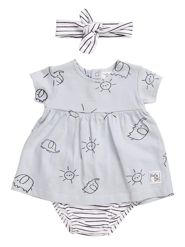 Babybol - Sunshine and Elephants Dress, Knickers & Headband Baby 3 Piece Outfit 12 to 24 Months - Stylemykid.com