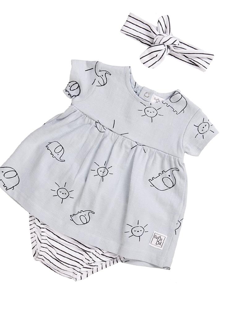 Babybol - Sunshine and Elephants Dress, Knickers & Headband Baby 3 Piece Outfit 12 to 24 Months - Stylemykid.com