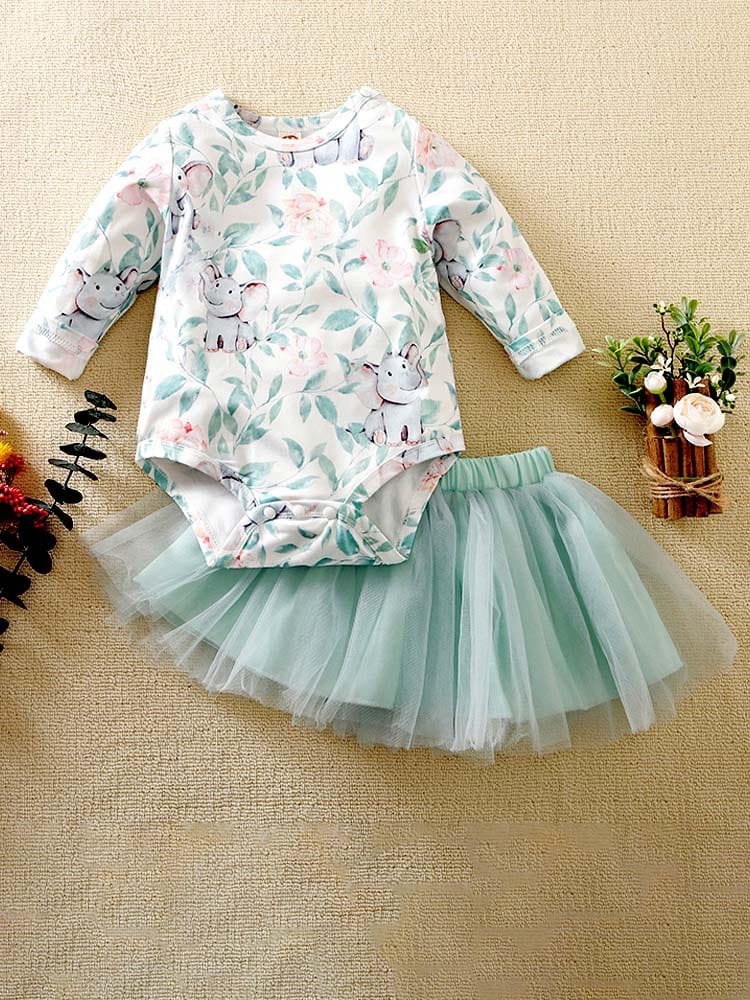 Baby Girls Elephant Bodysuit & Tutu Skirt Outfit - 2 Piece White and Pale Green Set - 0 to 9 Months - Stylemykid.com