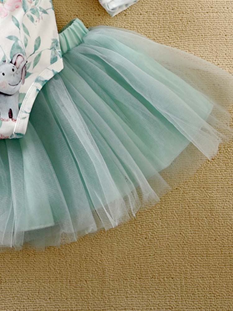 Baby Girls Elephant Bodysuit & Tutu Skirt Outfit - 2 Piece White and Pale Green Set - 0 to 9 Months - Stylemykid.com