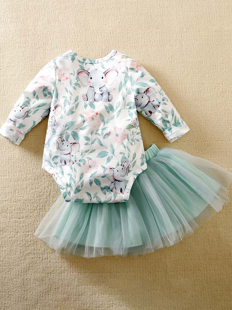 Baby Girls Elephant Bodysuit & Tutu Skirt Outfit - 2 Piece White and Pale Green Set - 0 to 9 Months - Stylemykid.com