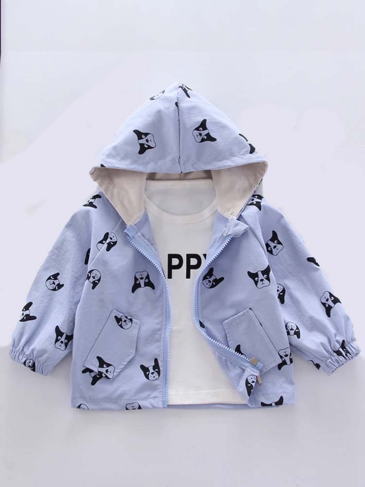 Frenchie Dog Print Baby and Childrens Hooded Jacket - Blue 12M to 5Y - Stylemykid.com