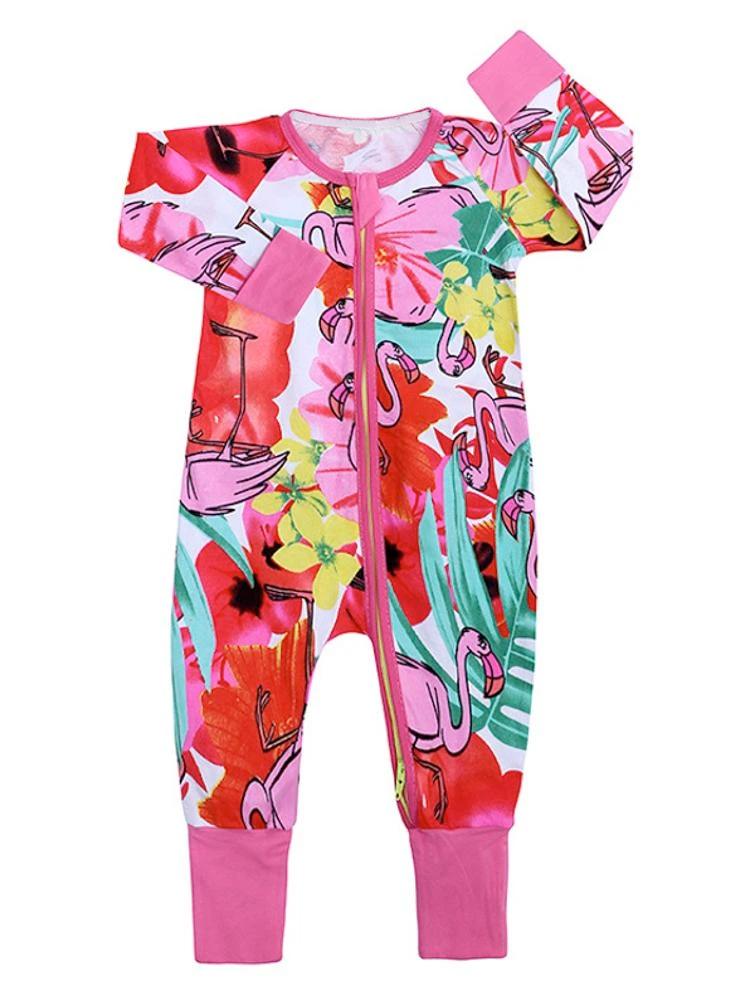 Flowery Flamingos Baby Zip Sleepsuit with Hand & Feet Cuffs - Stylemykid.com