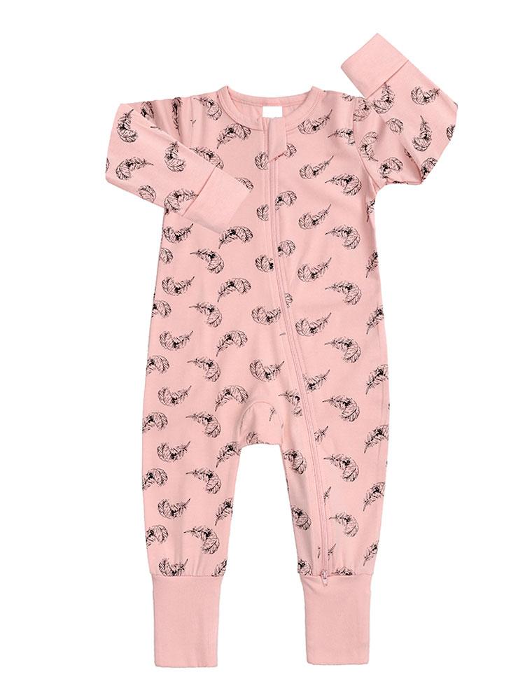 Floating Feathers - Pink Baby Zip Sleepsuit with Hand & Feet Cuffs - Stylemykid.com