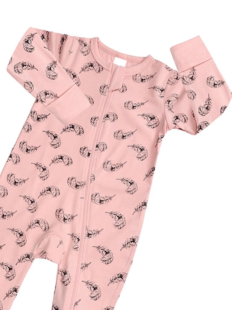 Floating Feathers - Pink Baby Zip Sleepsuit with Hand & Feet Cuffs - Stylemykid.com