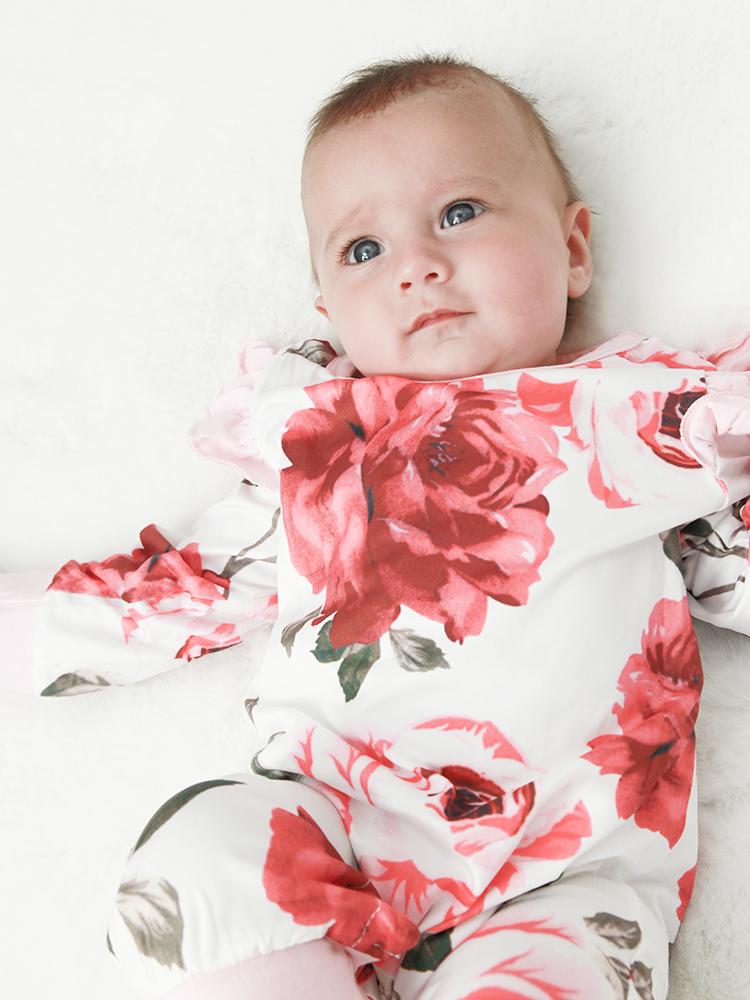 White and Pink Flowers Floral Printed Playsuit for Baby Girl - Stylemykid.com