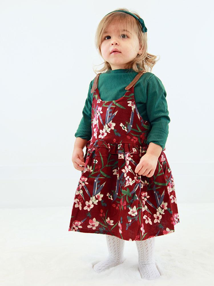 Floral Pinafore Girls Dress and Ribbed Long Sleeve Top - Berry Red and Green - Stylemykid.com