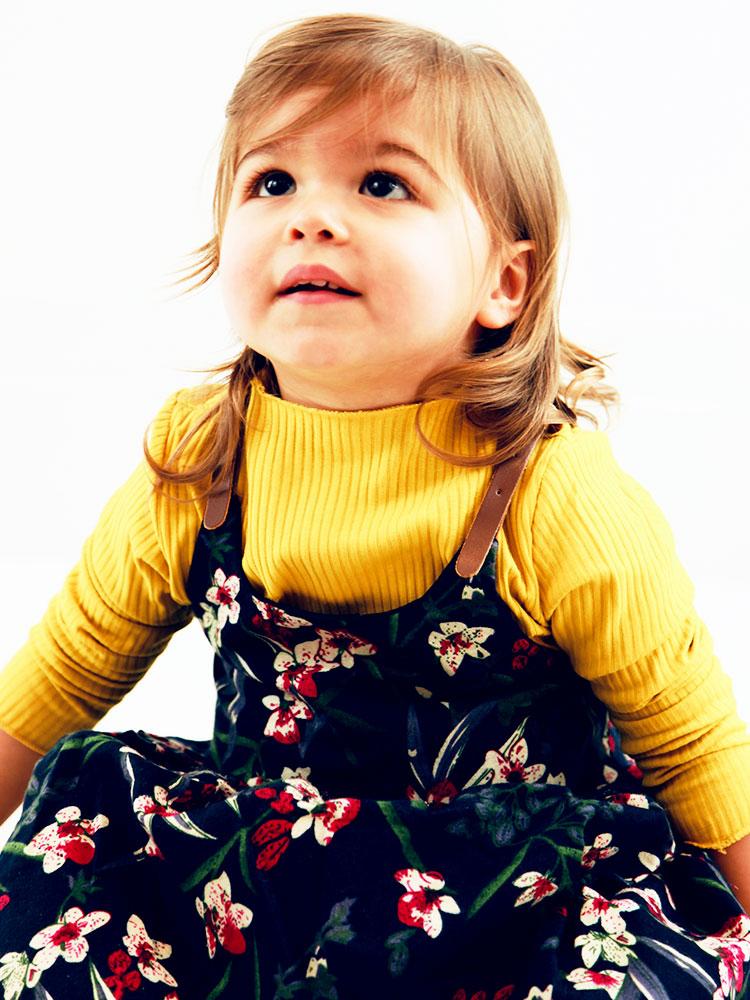 Floral Pinafore Girls Dress and Ribbed Long Sleeve Top - Navy and Yellow - Stylemykid.com