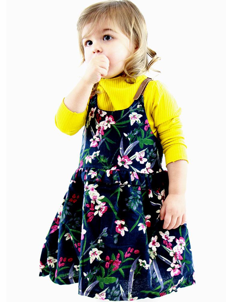 Floral Pinafore Girls Dress and Ribbed Long Sleeve Top - Navy and Yellow - Stylemykid.com