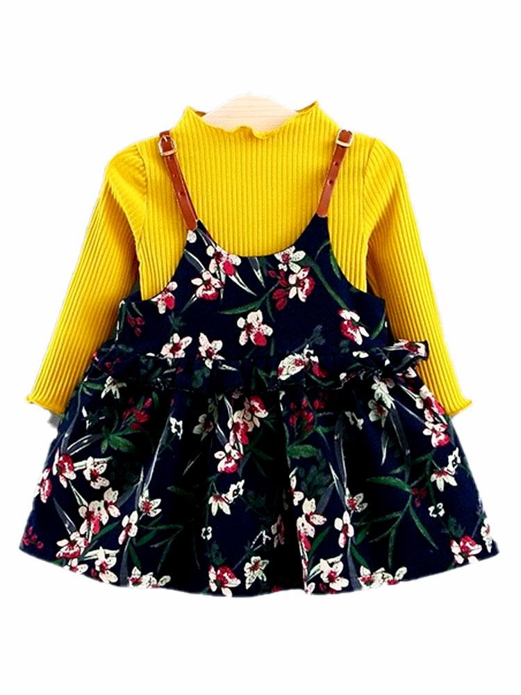 Floral Pinafore Girls Dress and Ribbed Long Sleeve Top - Navy and Yellow - Stylemykid.com