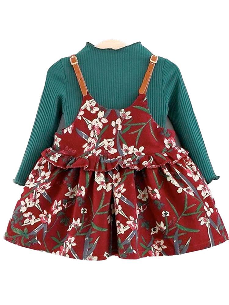 Floral Pinafore Girls Dress and Ribbed Long Sleeve Top - Berry Red and Green - Stylemykid.com