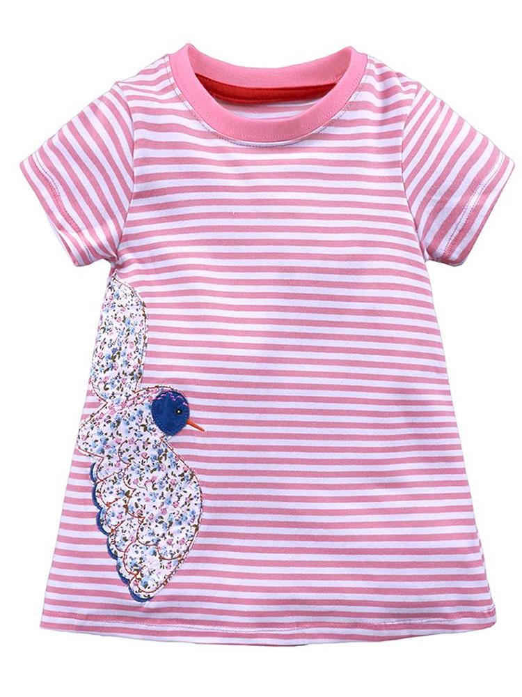 Floral Bird - Girls Short Sleeve Striped Pink & White Dress - Stylemykid.com