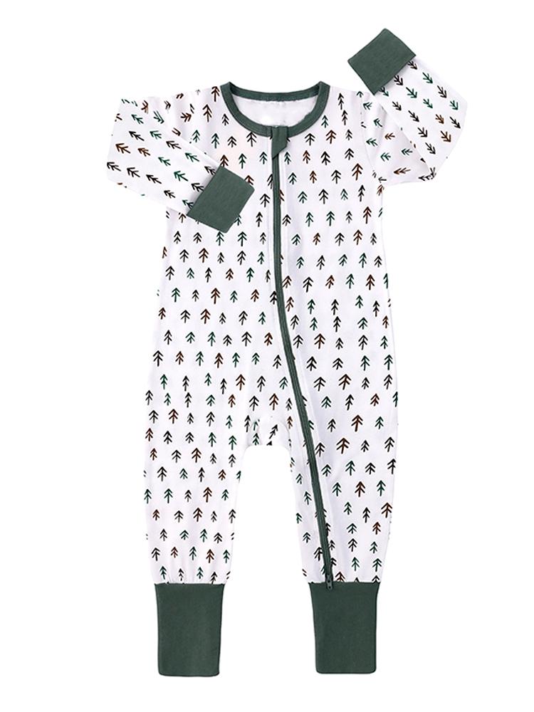 Forest Trees Green and White Baby Zip Sleepsuit with Hand & Feet Cuffs - Stylemykid.com