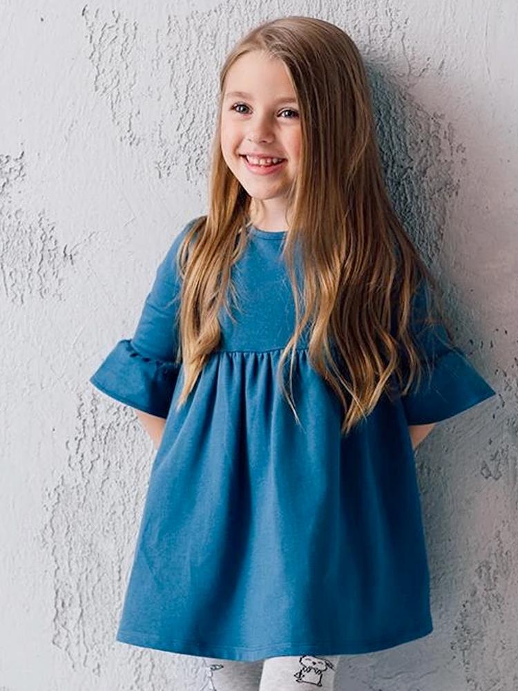 Artie - French Terry Frill Tunic Dress - Girls Cornflower Blue Dress 6 to 9 months - Stylemykid.com