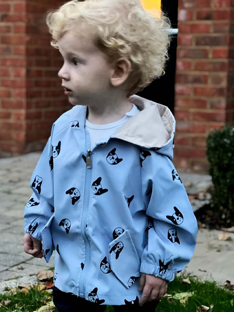 Frenchie Dog Print Baby and Childrens Hooded Jacket - Blue 12M to 5Y - Stylemykid.com