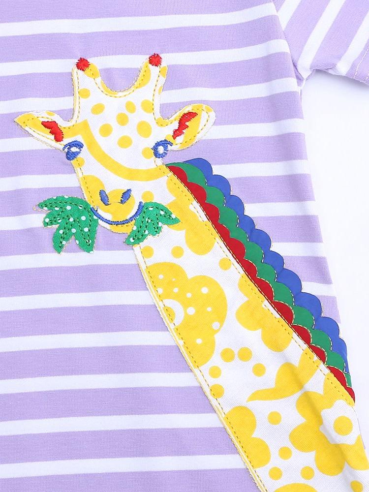 Peeking Giraffe Purple Striped Short Sleeve Girls Dress - 12M to 4Y - Stylemykid.com