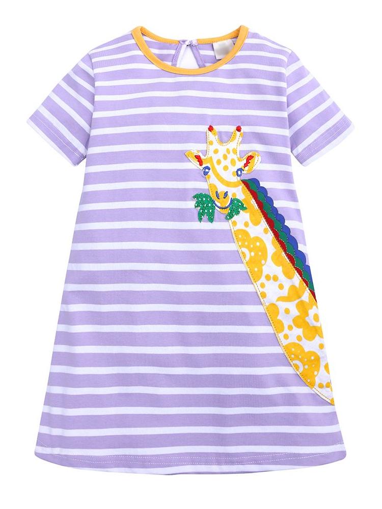 Peeking Giraffe Purple Striped Short Sleeve Girls Dress - 12M to 4Y - Stylemykid.com