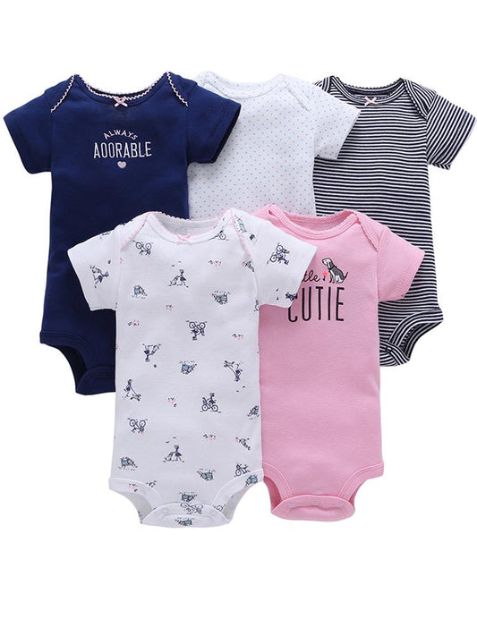 Baby Girls Short Sleeve Cotton Bodysuit 5 Pack -Blue Pink White - 0 to 12 months - Stylemykid.com