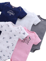 Baby Girls Short Sleeve Cotton Bodysuit 5 Pack -Blue Pink White - 0 to 12 months - Stylemykid.com