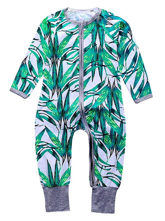 Green Blue Tropical Baby Zip Sleepsuit with Hand & Feet Cuffs - Stylemykid.com