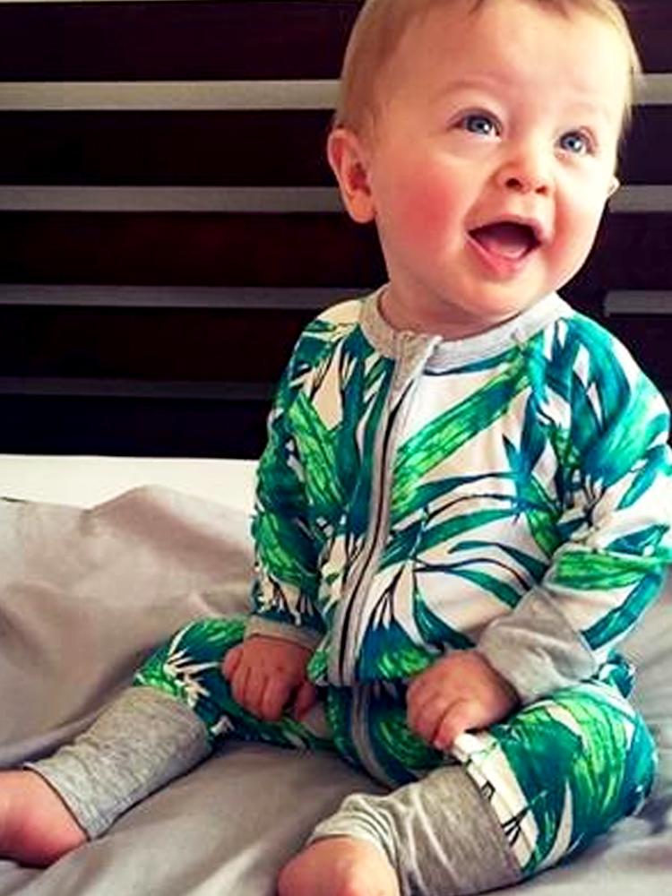 Green Blue Tropical Baby Zip Sleepsuit with Hand & Feet Cuffs - Stylemykid.com