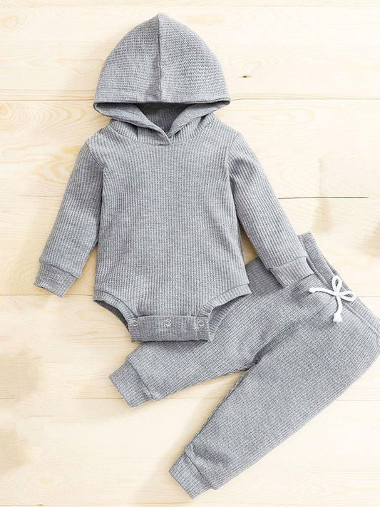 Grey Baby Hooded Bodysuit and Bottoms - 2 Piece Ribbed Outfit - Grey 3M -18M - Stylemykid.com