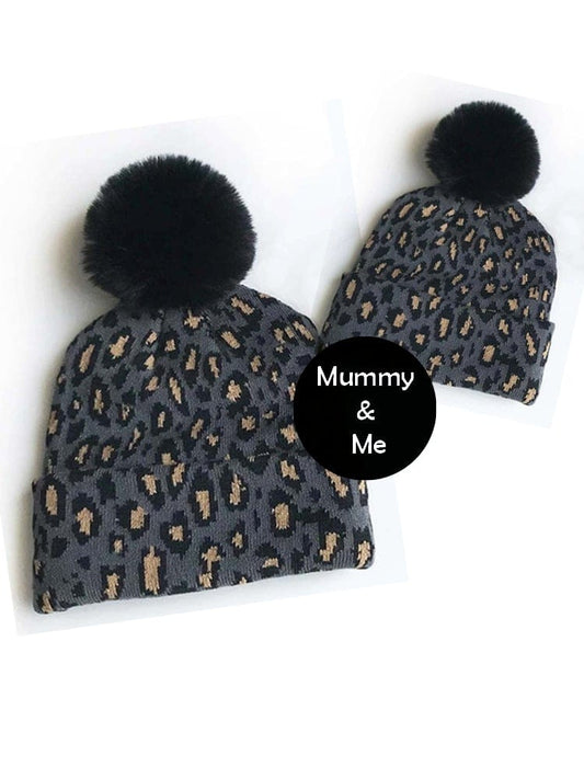 Mum & Me Matching Leopard Faux Pom Pom Hat - BLACK Leopard - Black and Grey Animal Print - Stylemykid.com