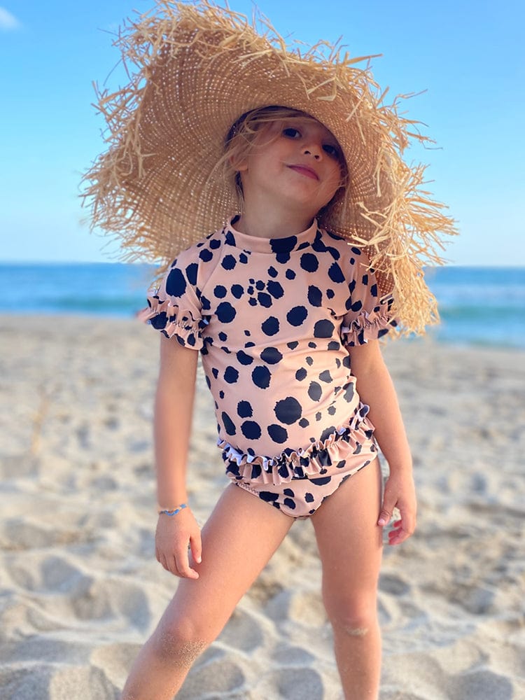 Holy She - Girls Frilled UV Swim Top - Animal Print Sand and Black - 1 to 6 Years - Stylemykid.com