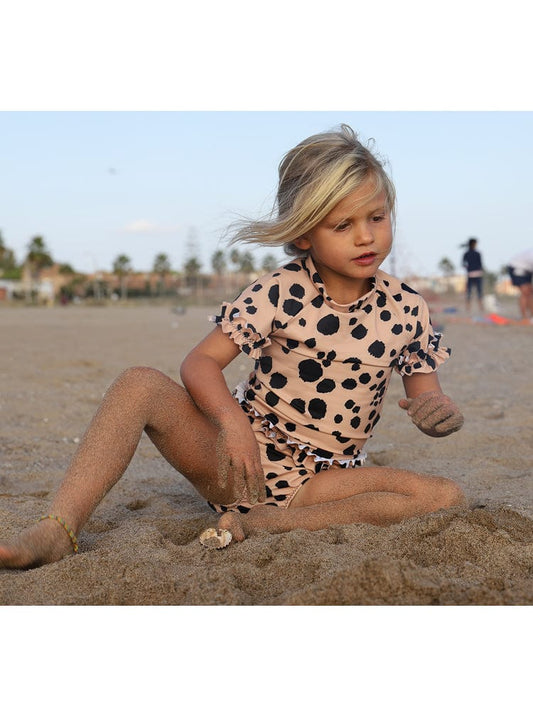 Holy She - Girls Frilled UV Swim Top - Animal Print Sand and Black - 1 to 6 Years - Stylemykid.com