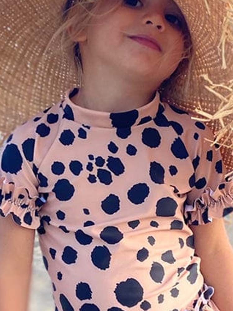 Holy She - Girls Frilled UV Swim Top - Animal Print Sand and Black - 1 to 6 Years - Stylemykid.com