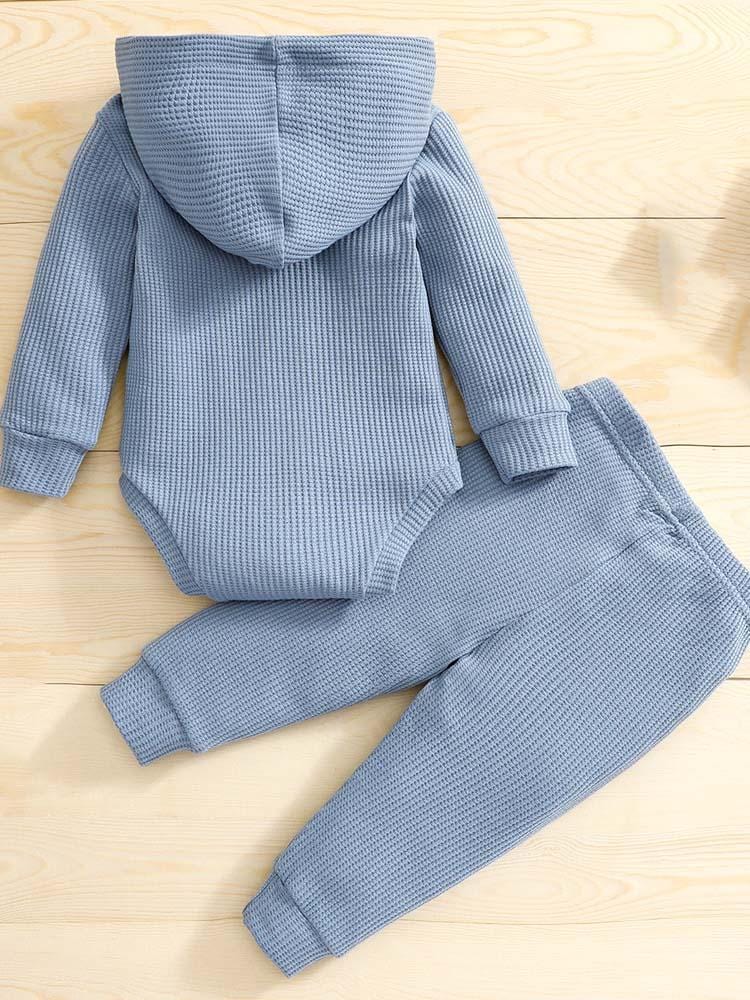 Blue Baby Hooded Bodysuit and Bottoms - 2 Piece Ribbed Outfit - Blue 6 to 12 Months - Stylemykid.com