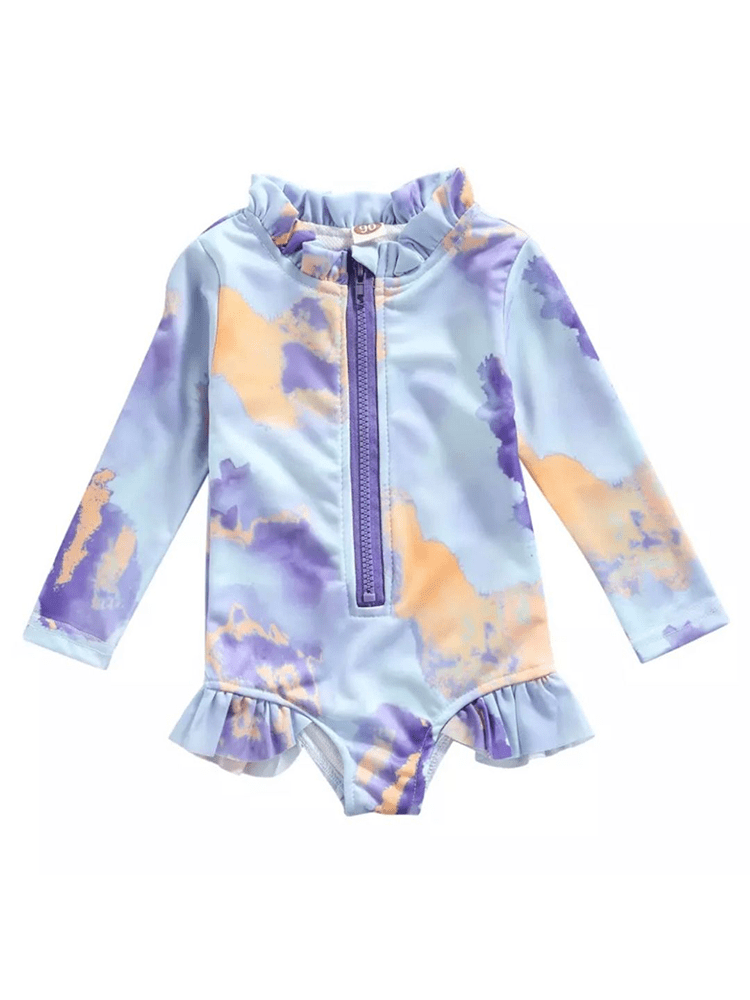 Girls Long Sleeve Swimsuit - Tie Dye Ruffle - Huckleberry Sorbet - Stylemykid.com