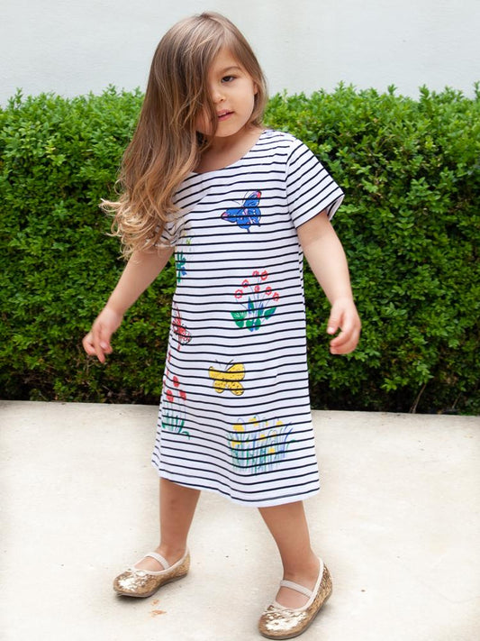 Colourful Butterflies White Striped Short Sleeved Dress - 12m to 6Y - Stylemykid.com