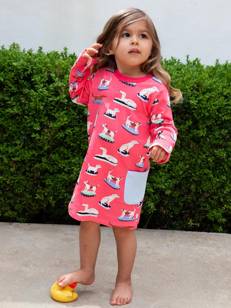 Puppy Power Cerise Pink Long Sleeved Girls Dress - Stylemykid.com