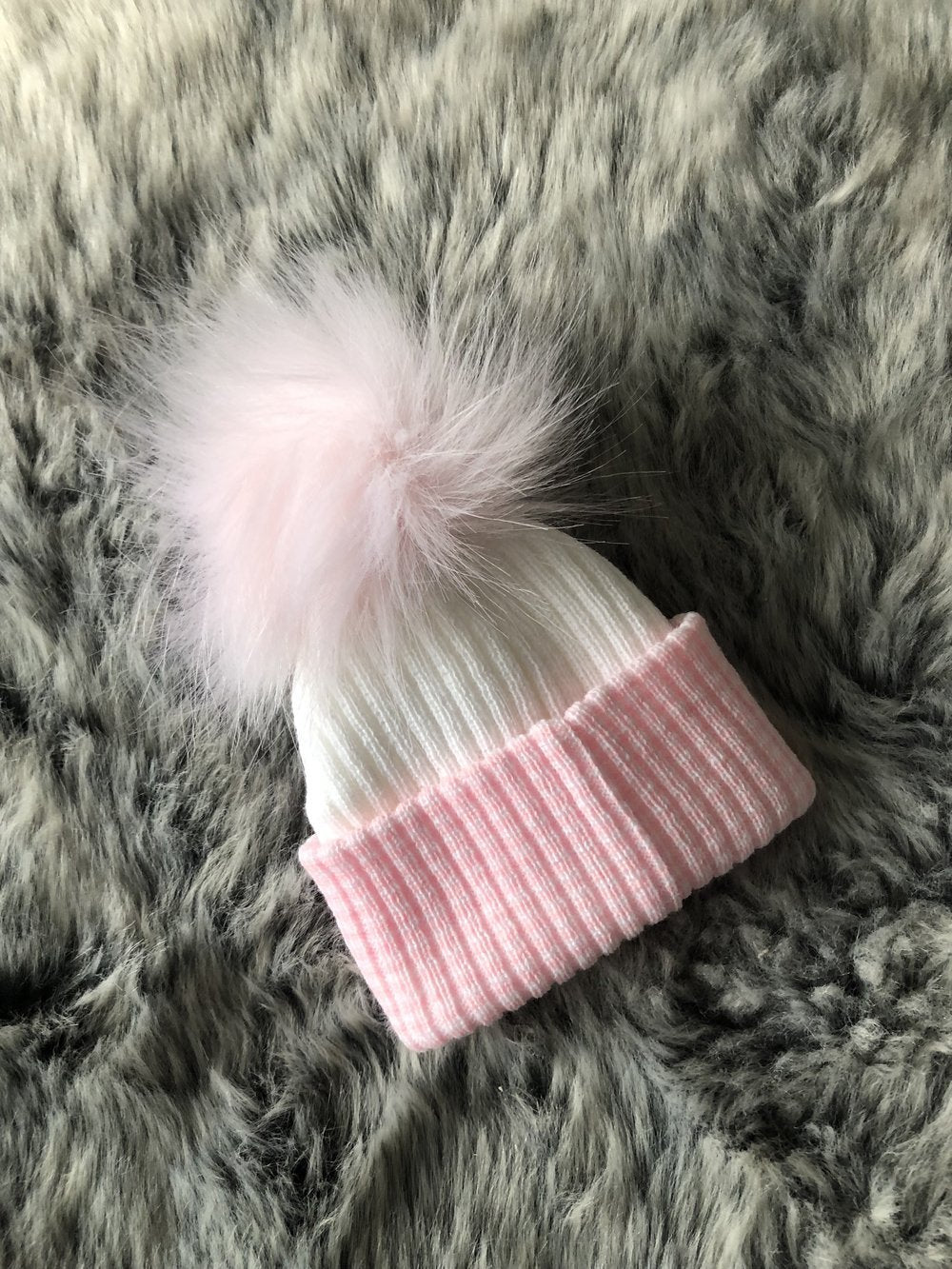 Newborn Pink & White Faux Fur Pom Pom Baby Hat - 0-3 Months - Stylemykid.com