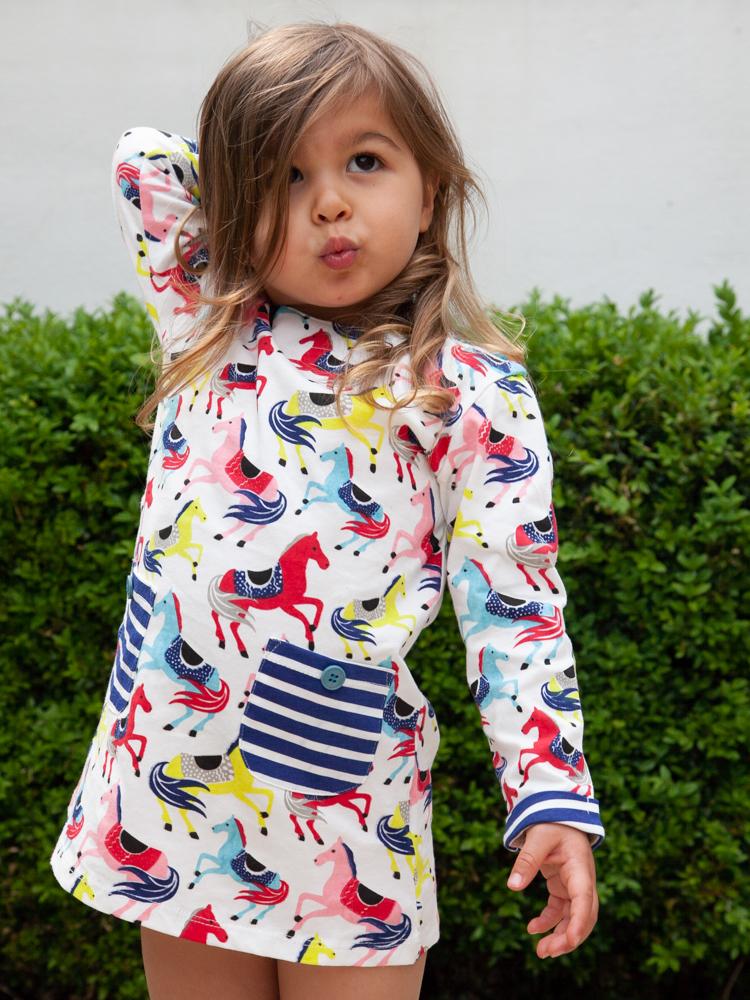 Prancing Ponies - Girls Long Sleeve Colourful Pony & White Dress with Striped Pockets - 18 months to 2 years - Stylemykid.com