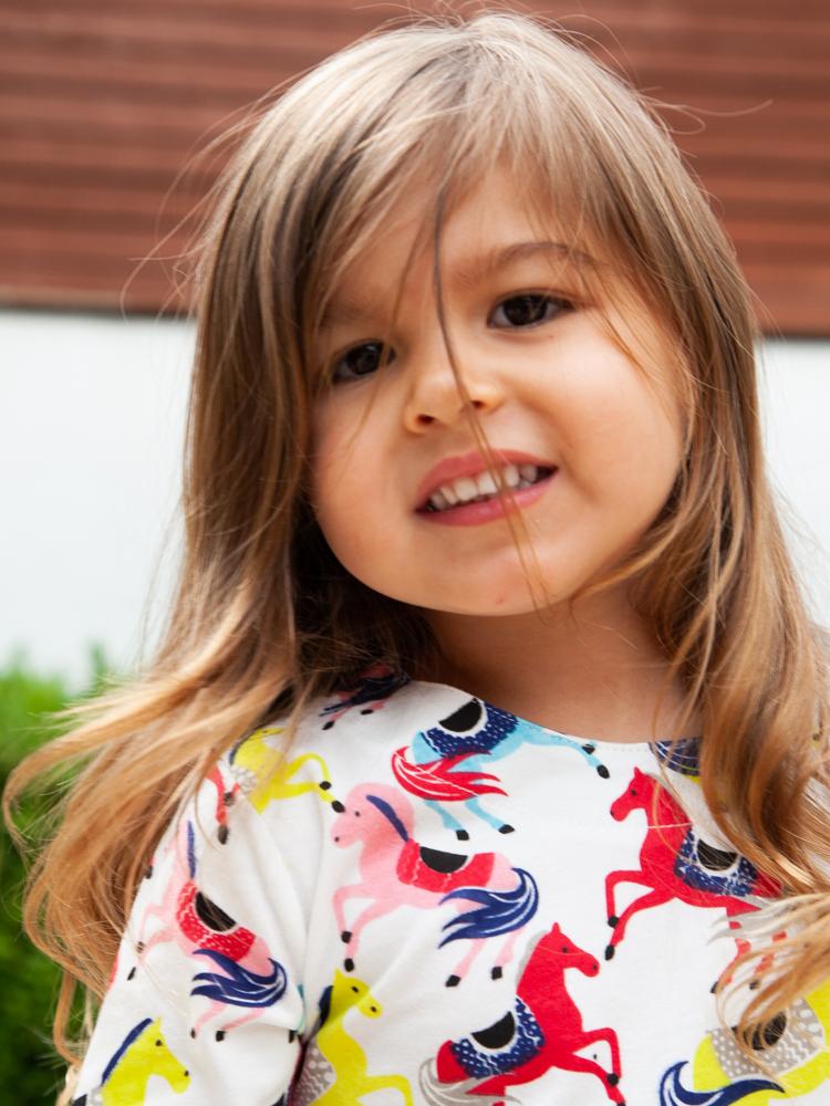Prancing Ponies - Girls Long Sleeve Colourful Pony & White Dress with Striped Pockets - 18 months to 2 years - Stylemykid.com